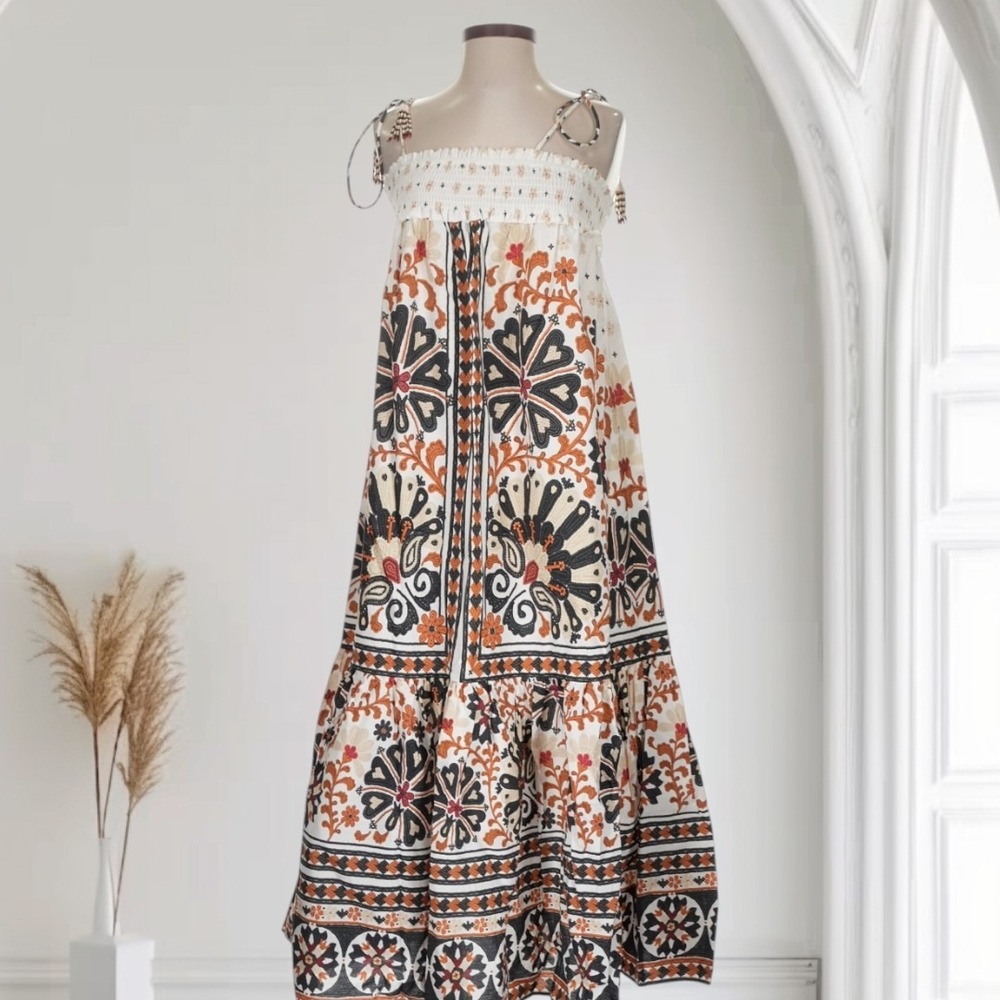 Farm Rio Flower Fan Tapestry Off-White Midi Dress Women's XS Boho Preppy